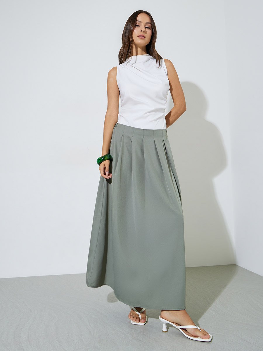 Khaki Solid Pleated A-Line Maxi Skirt