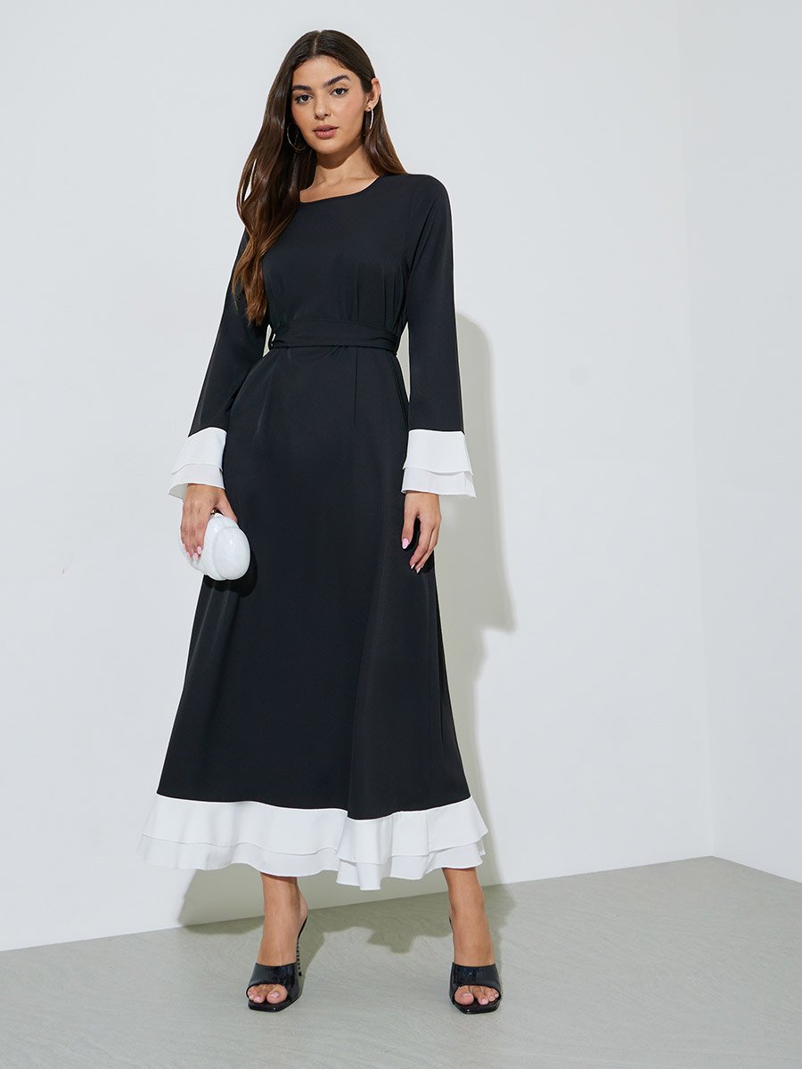 Black Solid Tie-Up Waist Maxi Dress with Contrast Trims