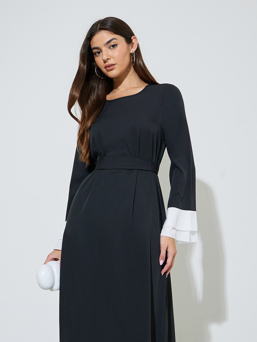 Black Solid Tie-Up Waist Maxi Dress with Contrast Trims