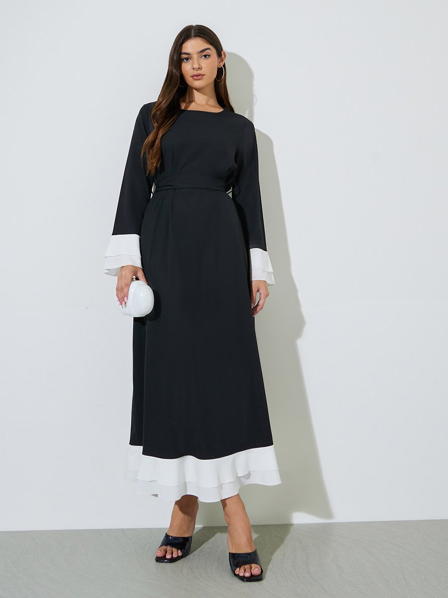 Black Solid Tie-Up Waist Maxi Dress with Contrast Trims