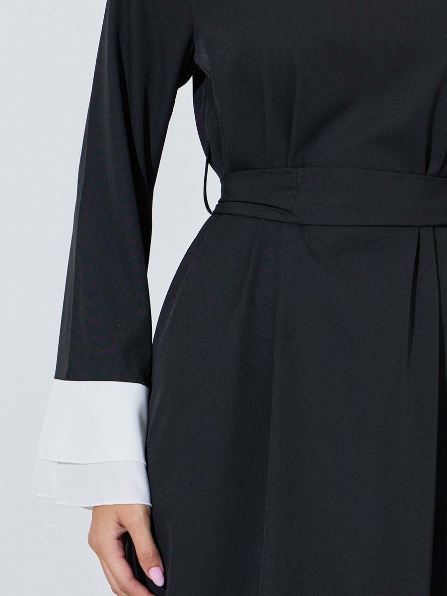 Black Solid Tie-Up Waist Maxi Dress with Contrast Trims