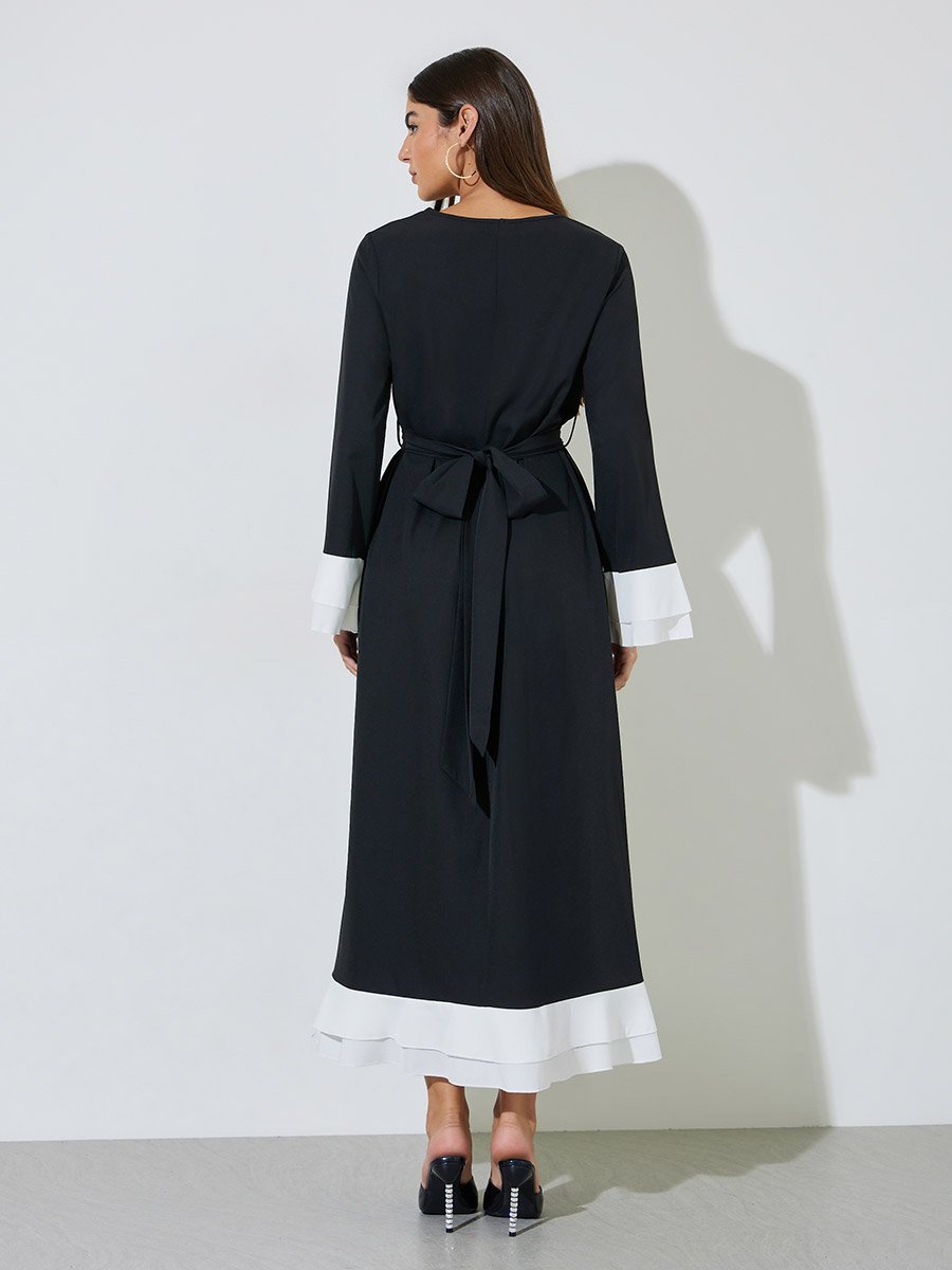 Black Solid Tie-Up Waist Maxi Dress with Contrast Trims