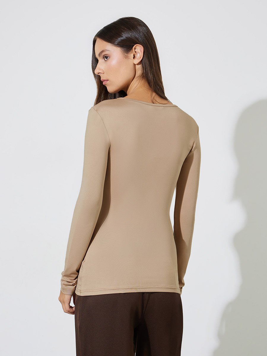 Khaki Solid Gathered Waist Long Sleeves Knit Top