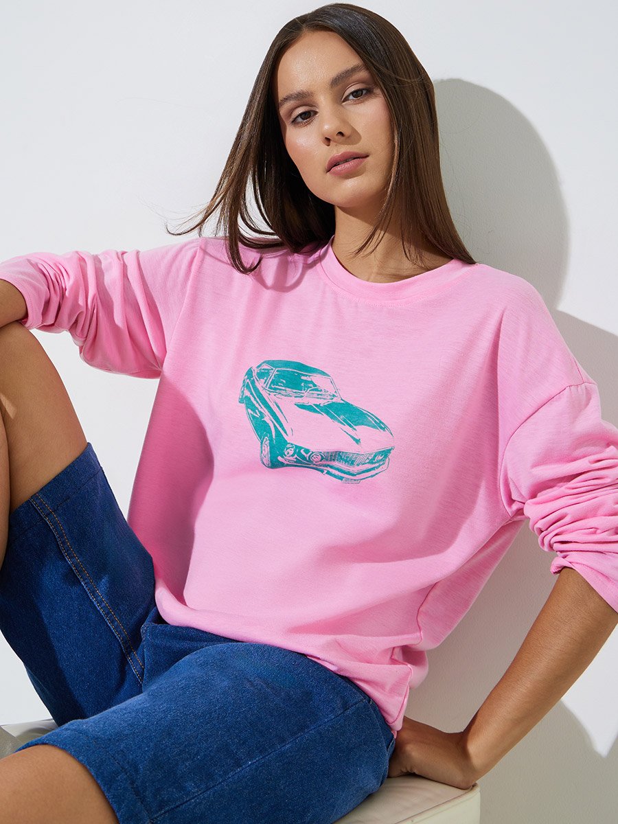 Pink Graphic Print Long Sleeves Regular Fit T-Shirt
