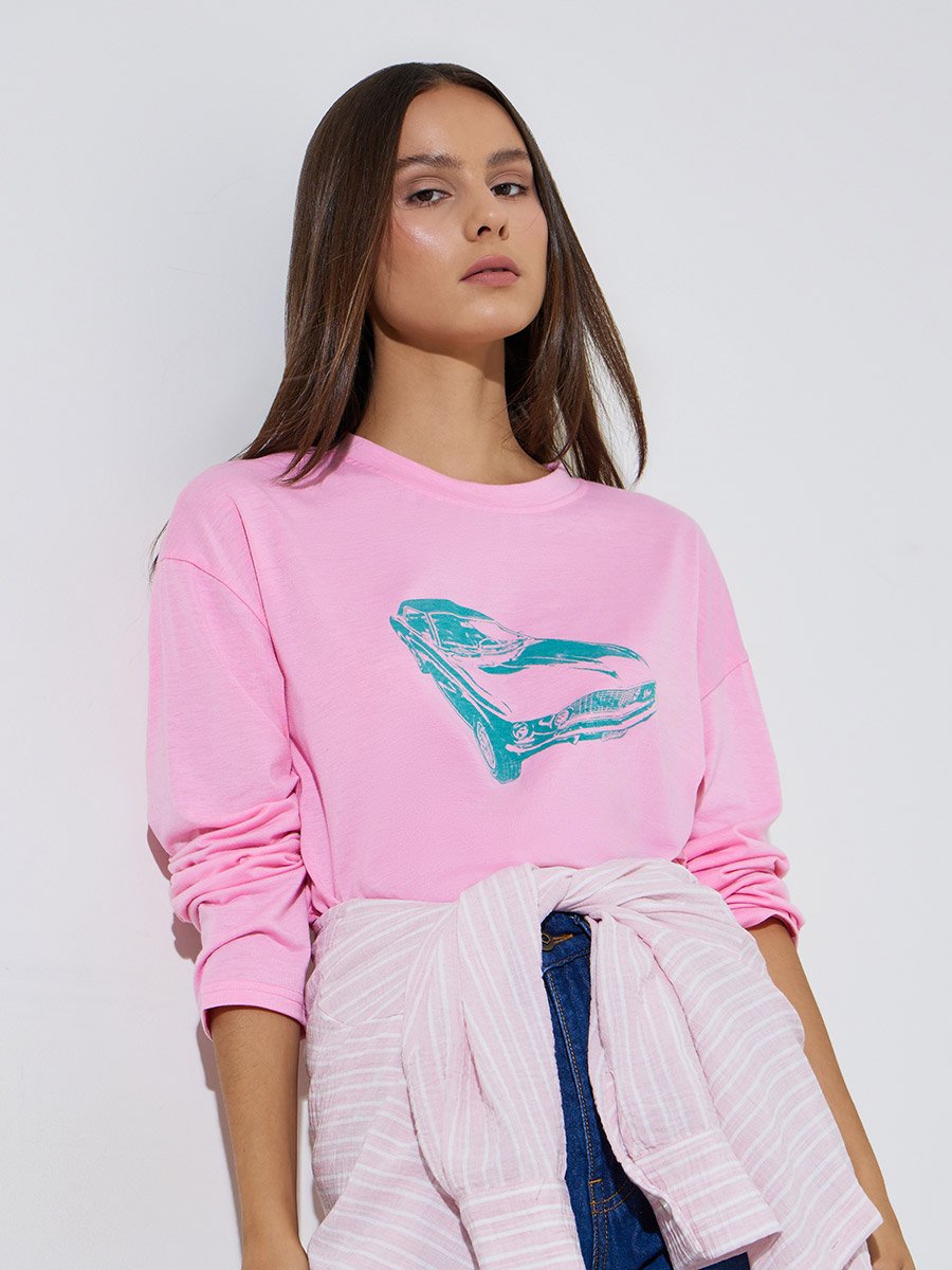 Pink Graphic Print Long Sleeves Regular Fit T-Shirt