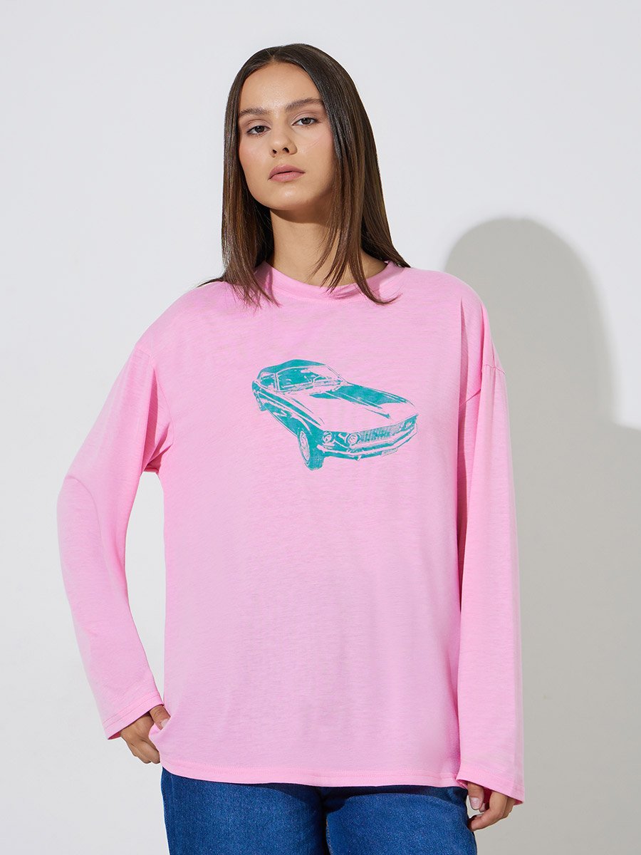 Pink Graphic Print Long Sleeves Regular Fit T-Shirt