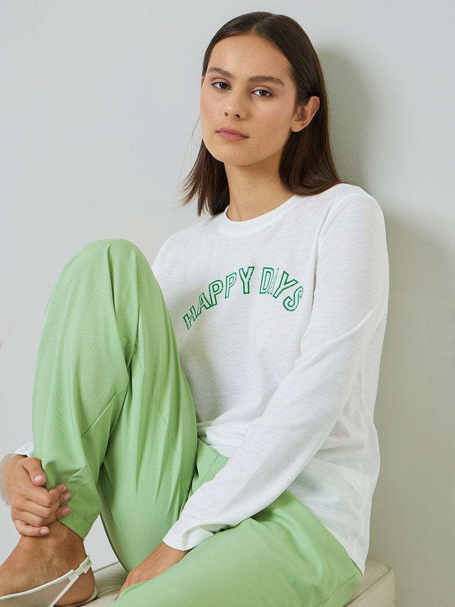 White Slogan Print Long Sleeves Regular Fit T-Shirt