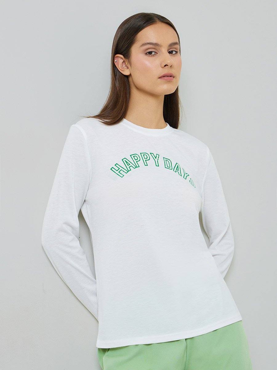 White Slogan Print Long Sleeves Regular Fit T-Shirt