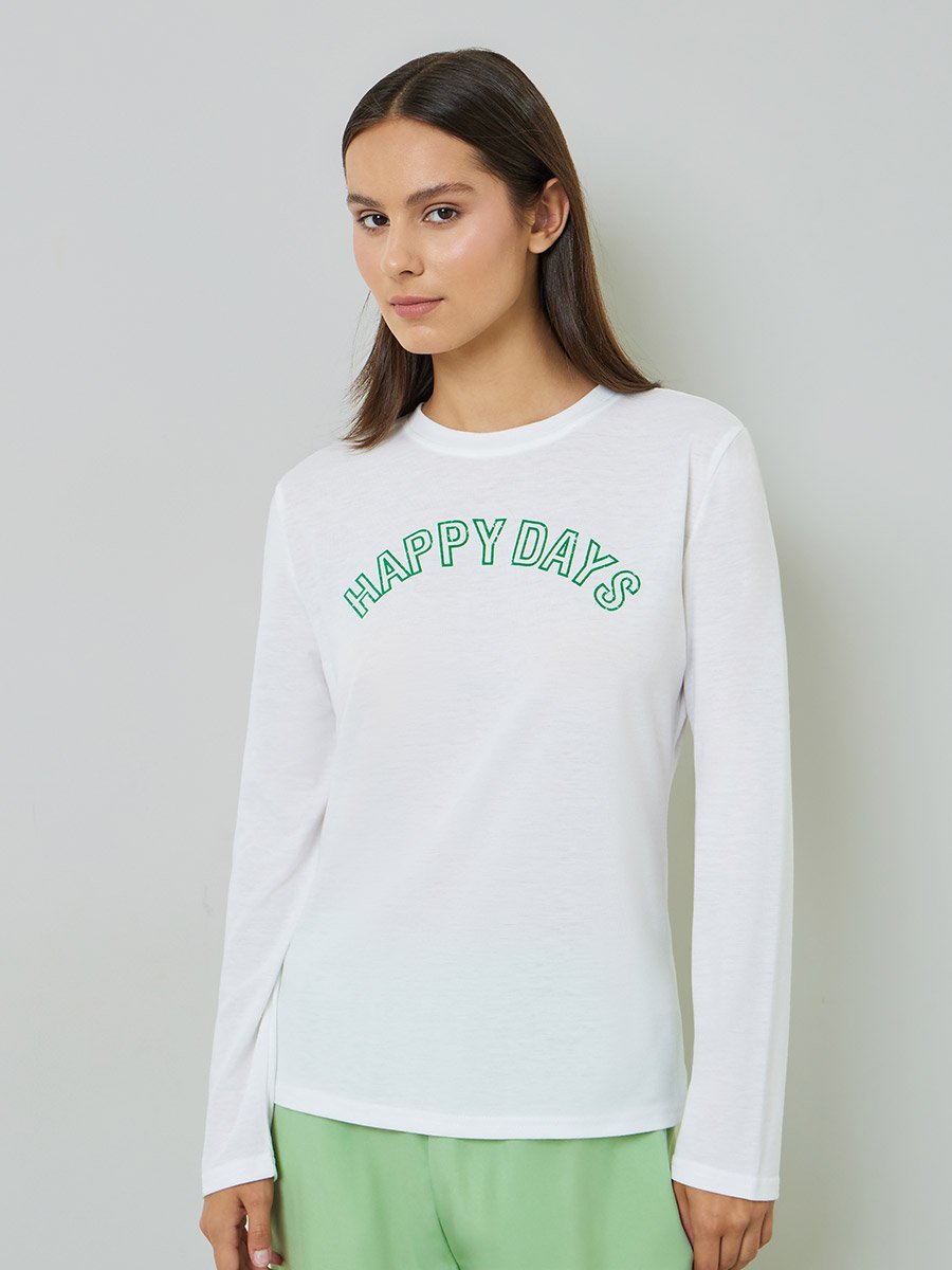 White Slogan Print Long Sleeves Regular Fit T-Shirt