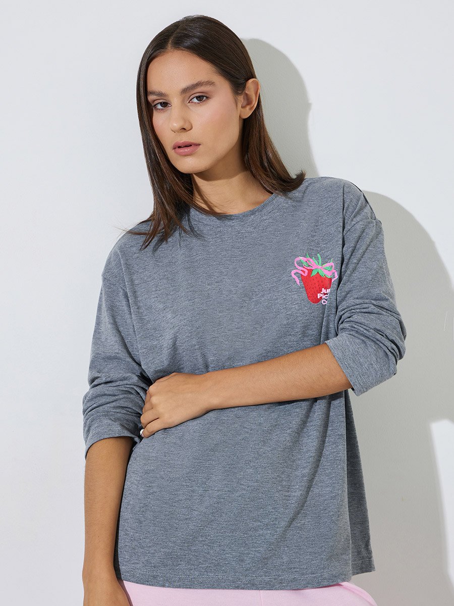 Grey Strawberry Print Long Sleeves Oversized T-Shirt