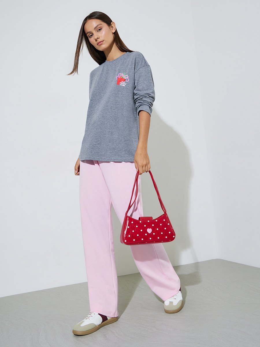 Grey Strawberry Print Long Sleeves Oversized T-Shirt