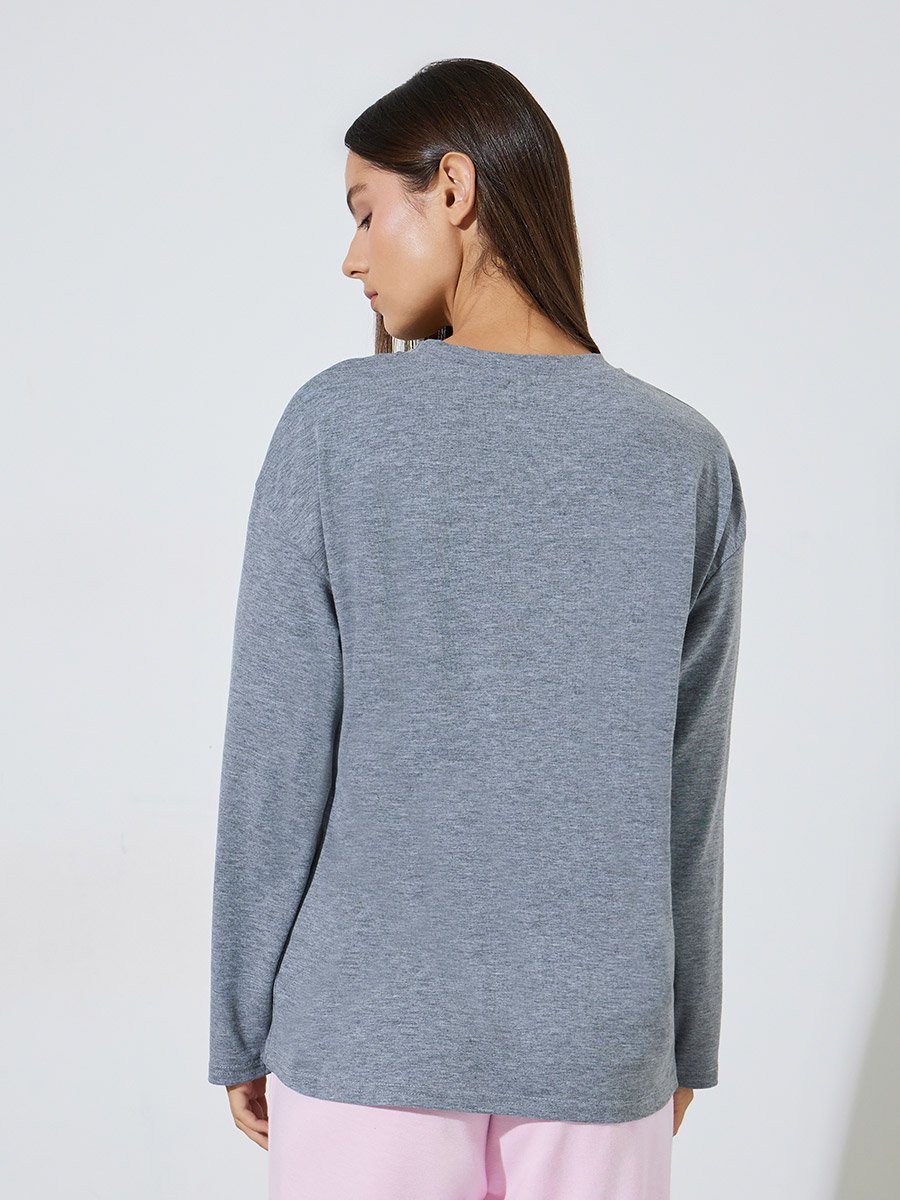 Grey Strawberry Print Long Sleeves Oversized T-Shirt