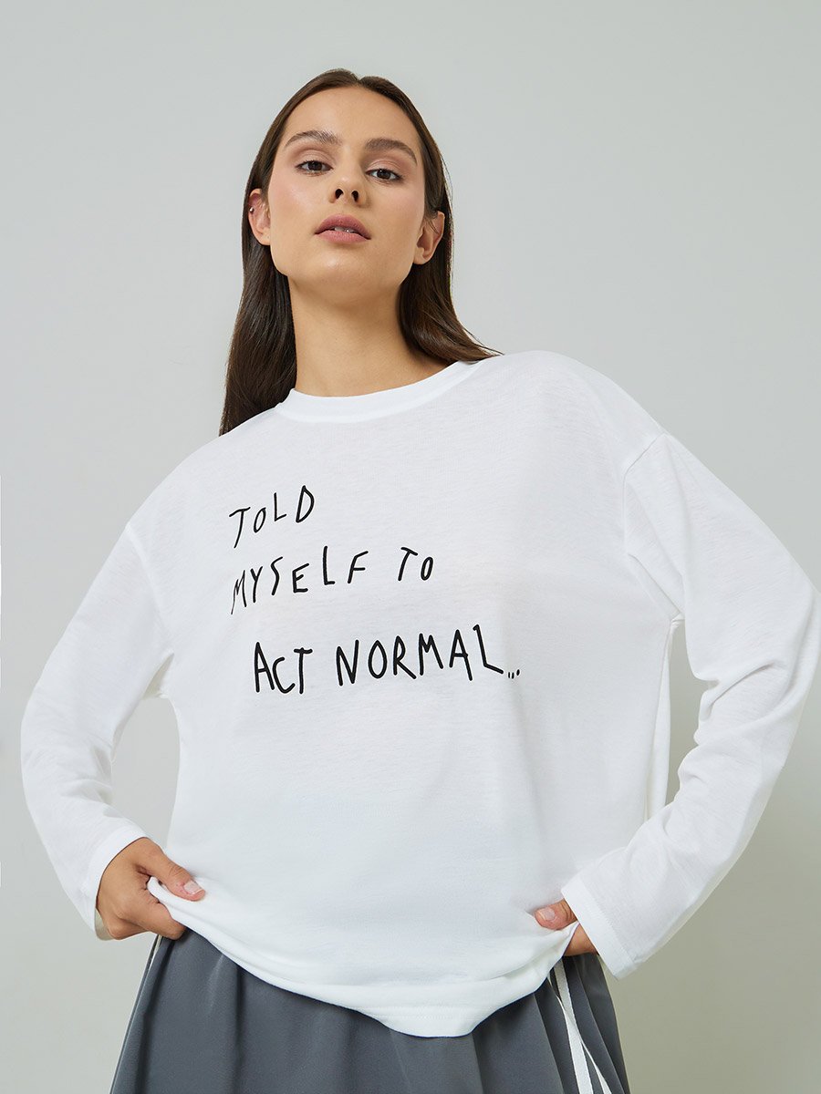 White Slogan Print Long Sleeves Oversized T-Shirt