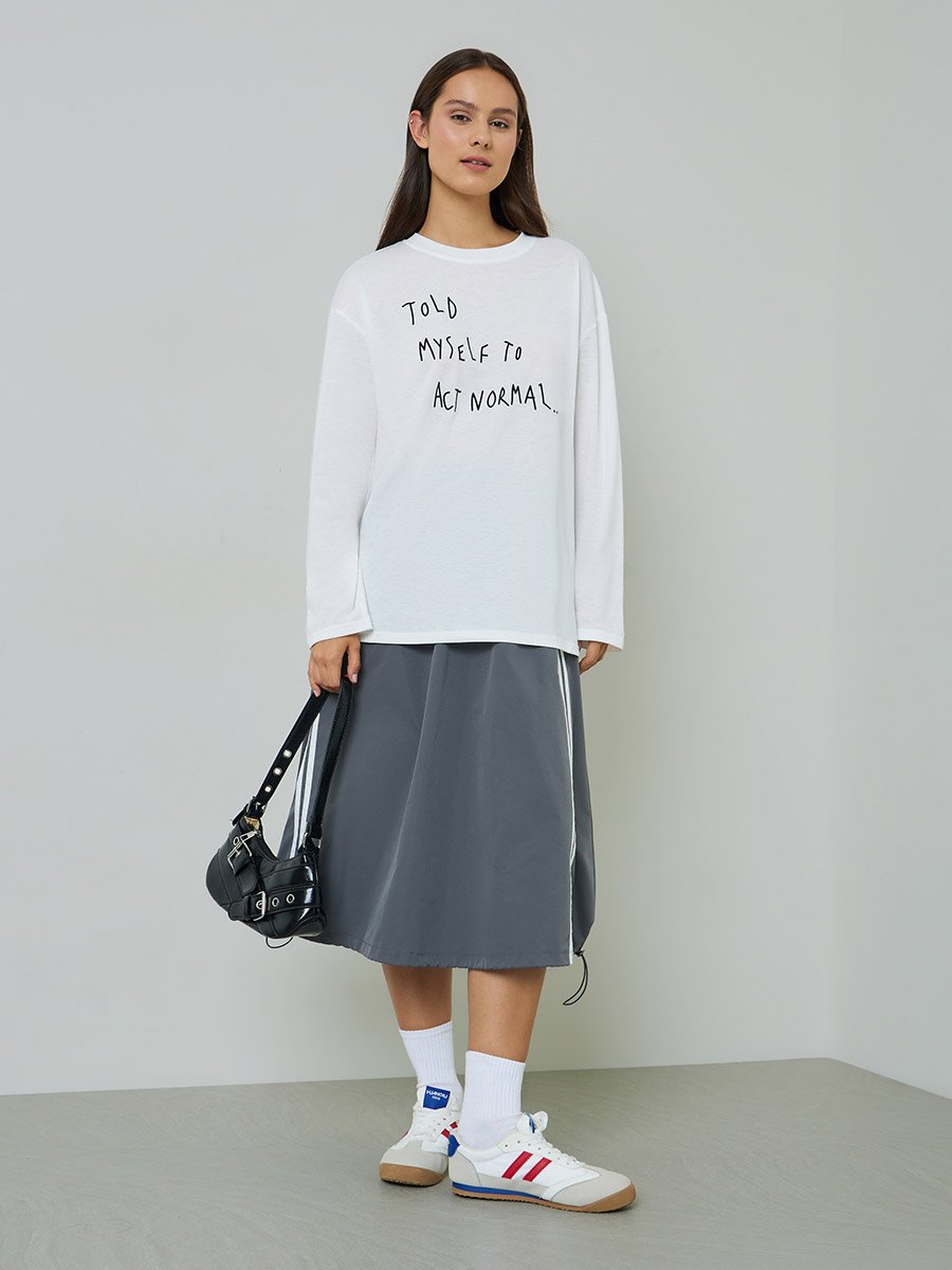 White Slogan Print Long Sleeves Oversized T-Shirt