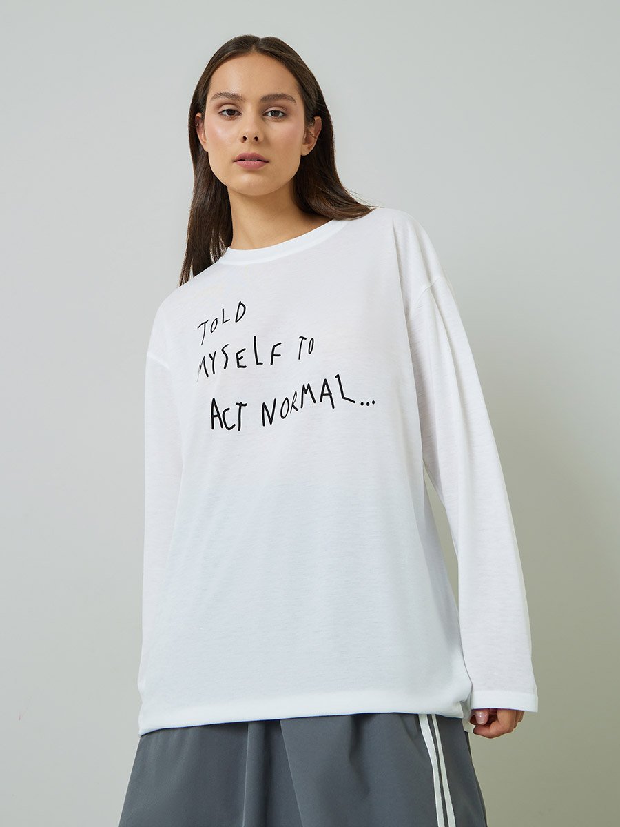 White Slogan Print Long Sleeves Oversized T-Shirt