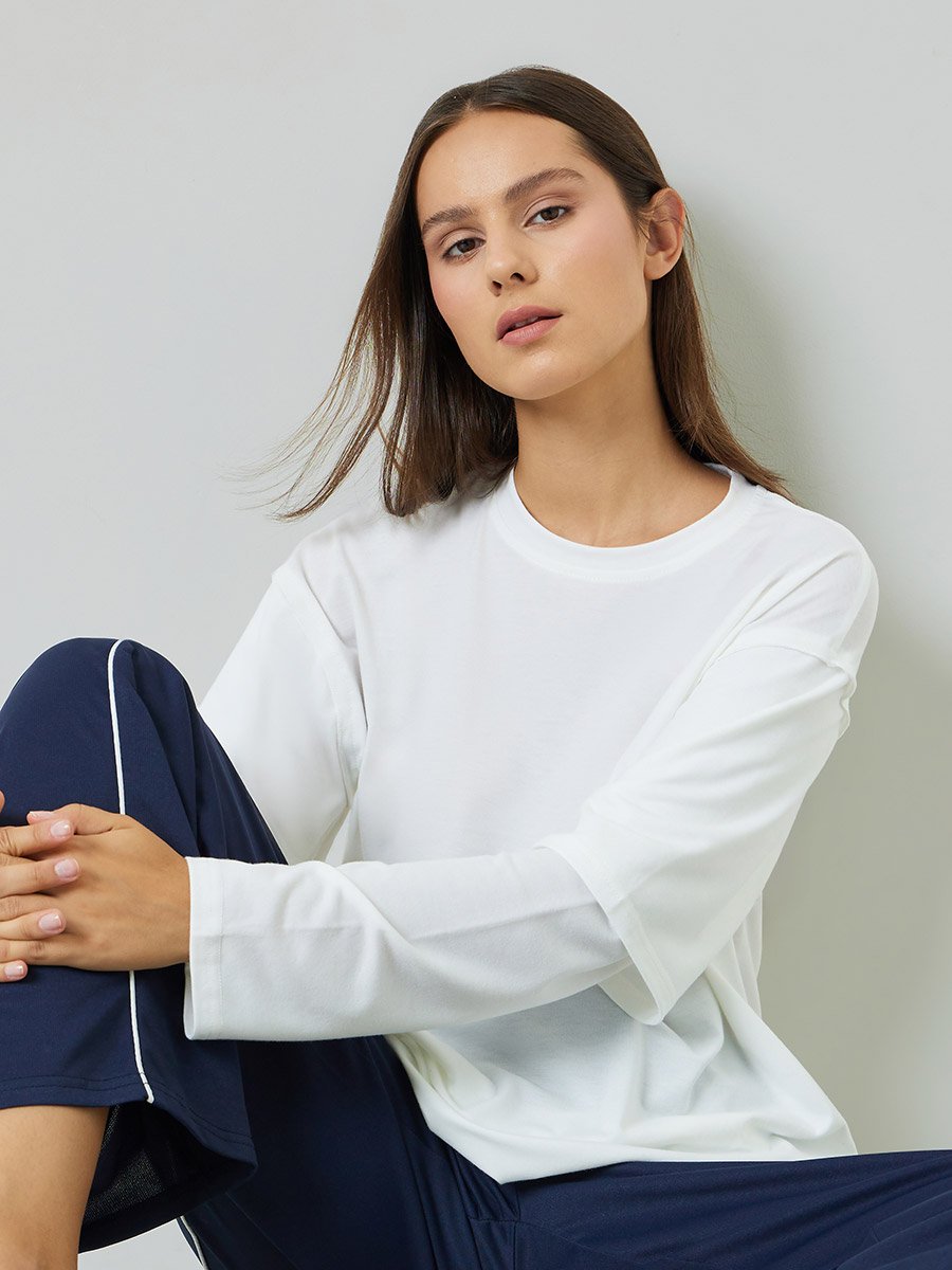 White Solid Multi Layer Long Sleeves Oversized T-Shirt