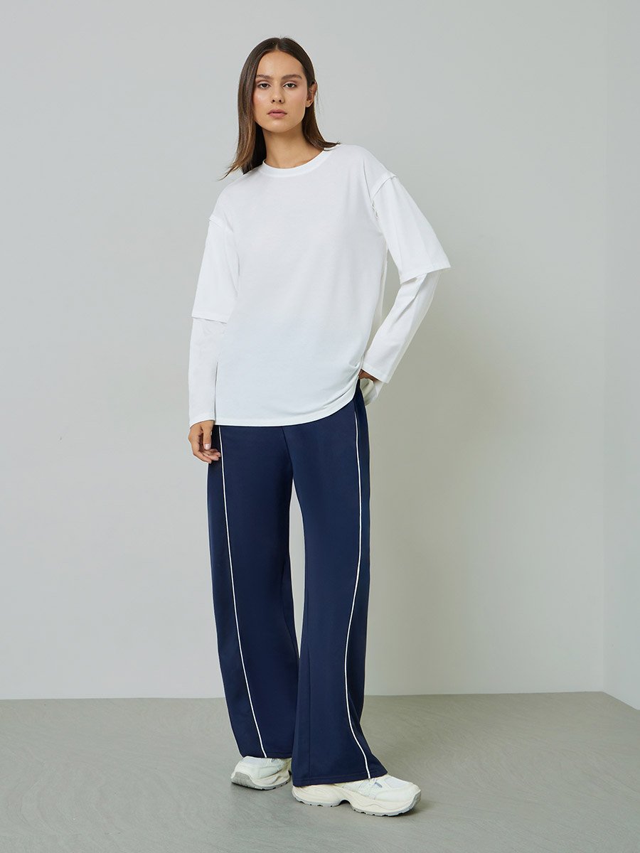 White Solid Multi Layer Long Sleeves Oversized T-Shirt