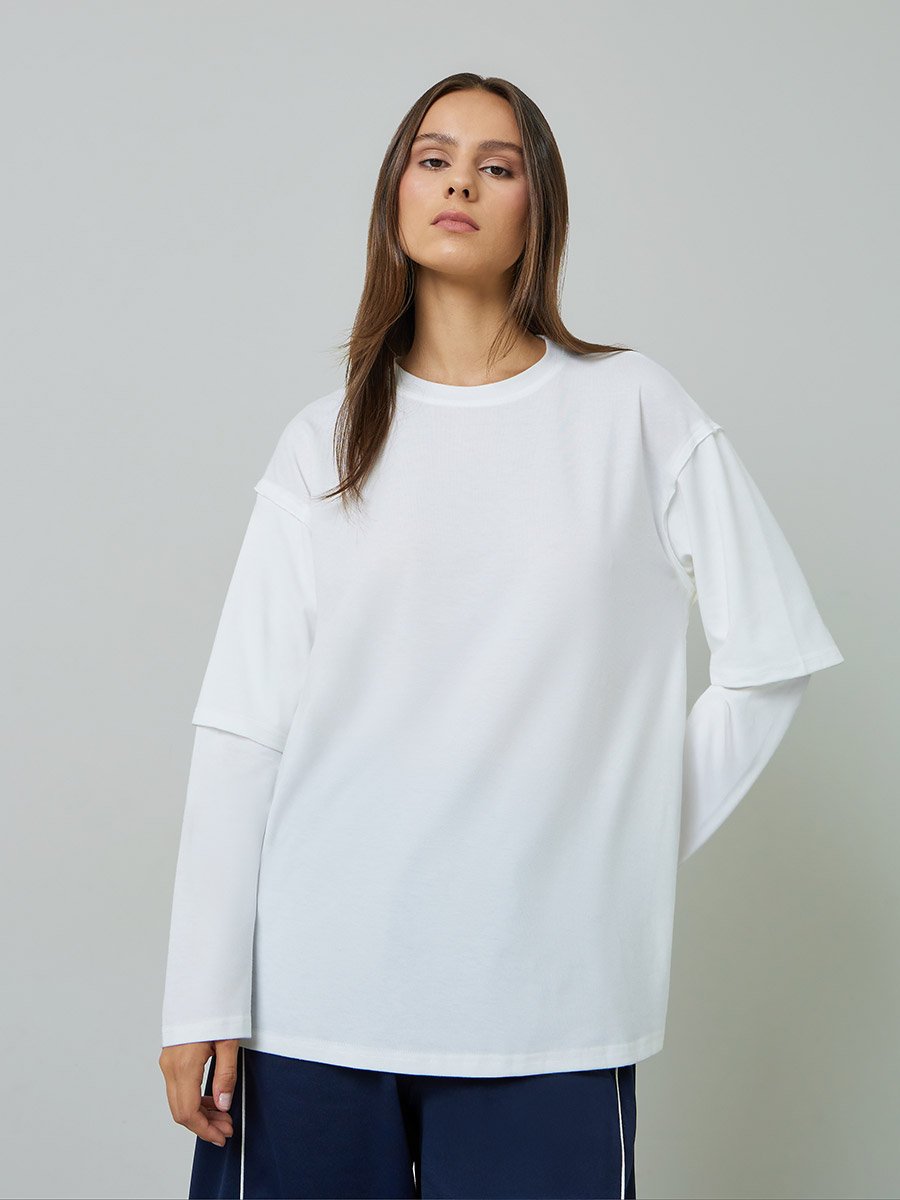White Solid Multi Layer Long Sleeves Oversized T-Shirt
