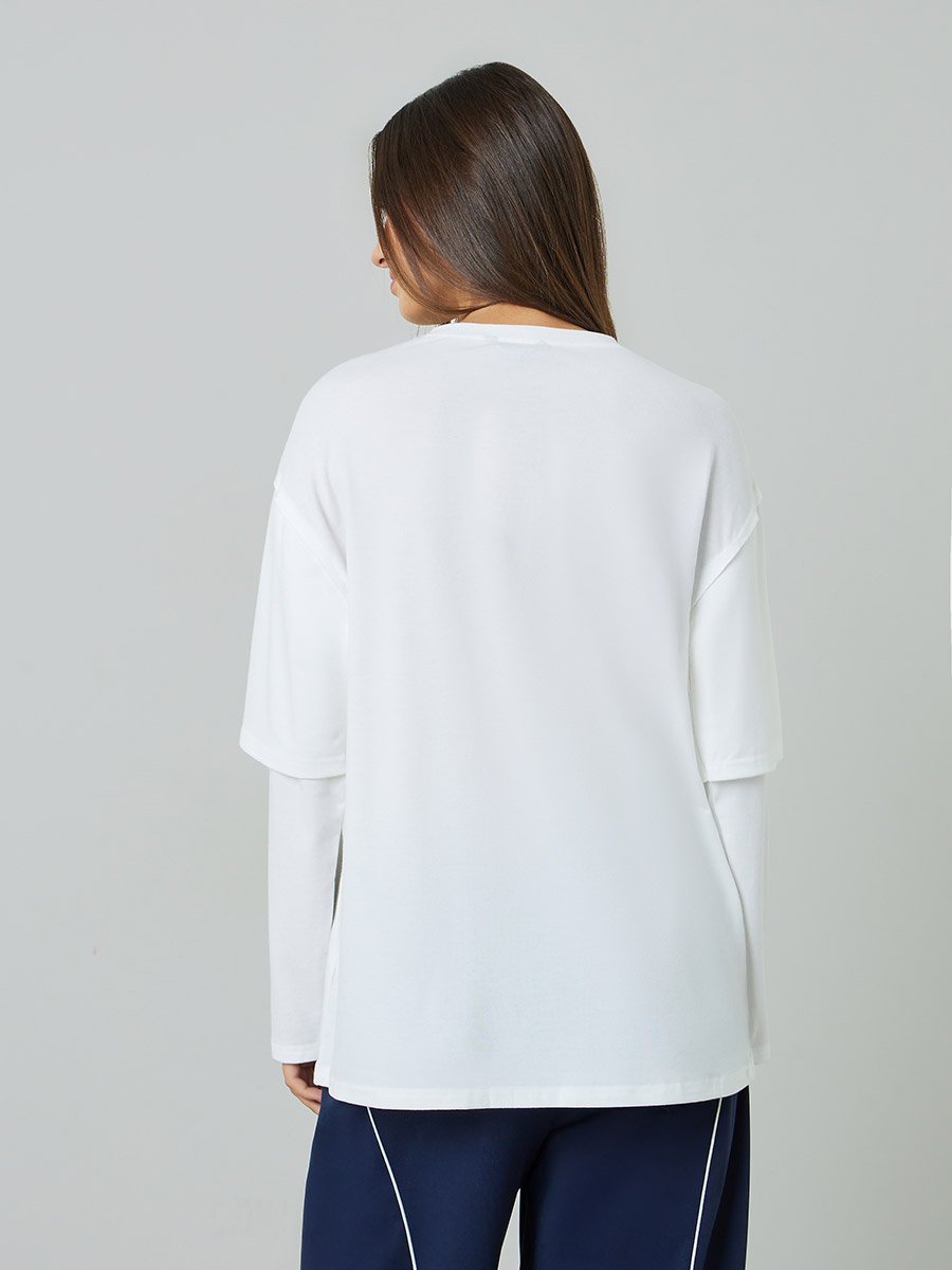 White Solid Multi Layer Long Sleeves Oversized T-Shirt