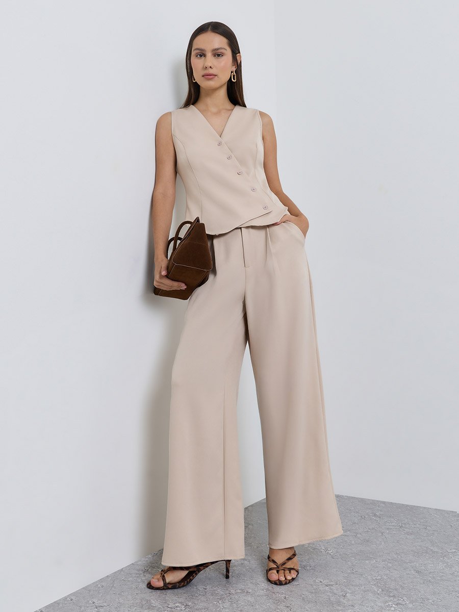 Khaki Asymmetric Button Waistcoat and Trousers Set