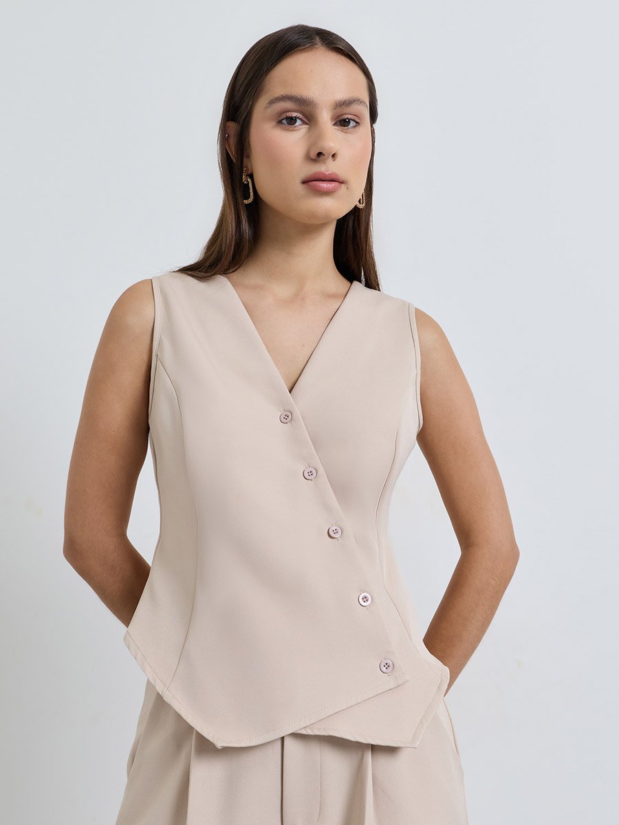 Khaki Asymmetric Button Waistcoat and Trousers Set