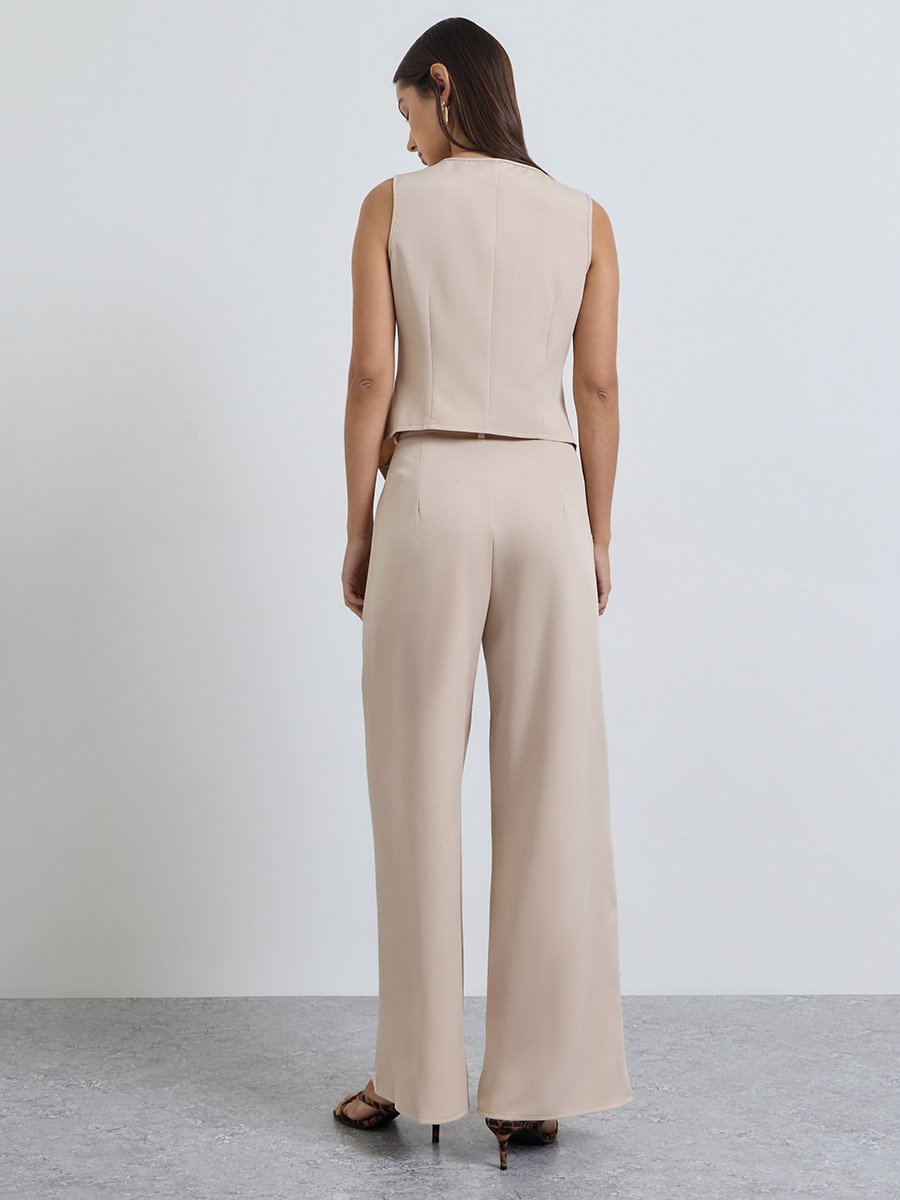 Khaki Asymmetric Button Waistcoat and Trousers Set