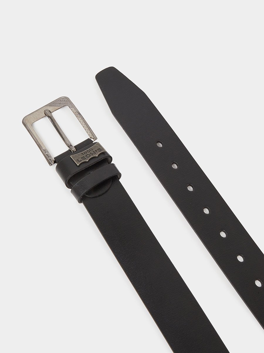 Black Solid Faux Leather Belt with Engraved Buckle