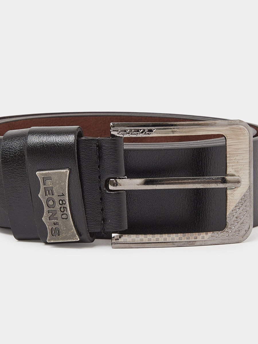 Black Solid Faux Leather Belt with Engraved Buckle