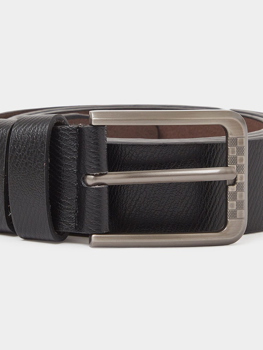 Black Solid Faux Leather Belt with Gunmetal Buckle