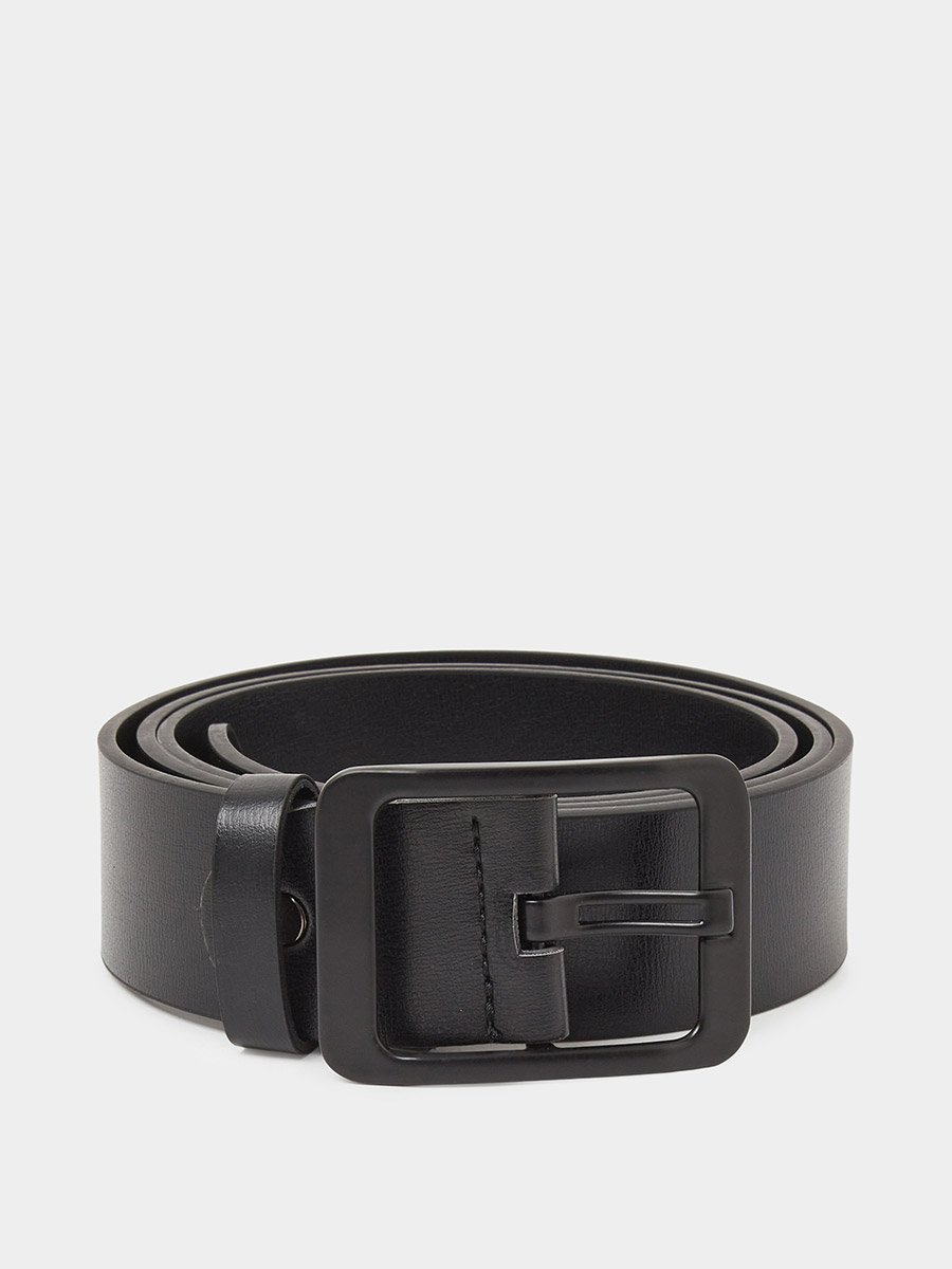 Black Solid Faux leather Belt with Square Buckle