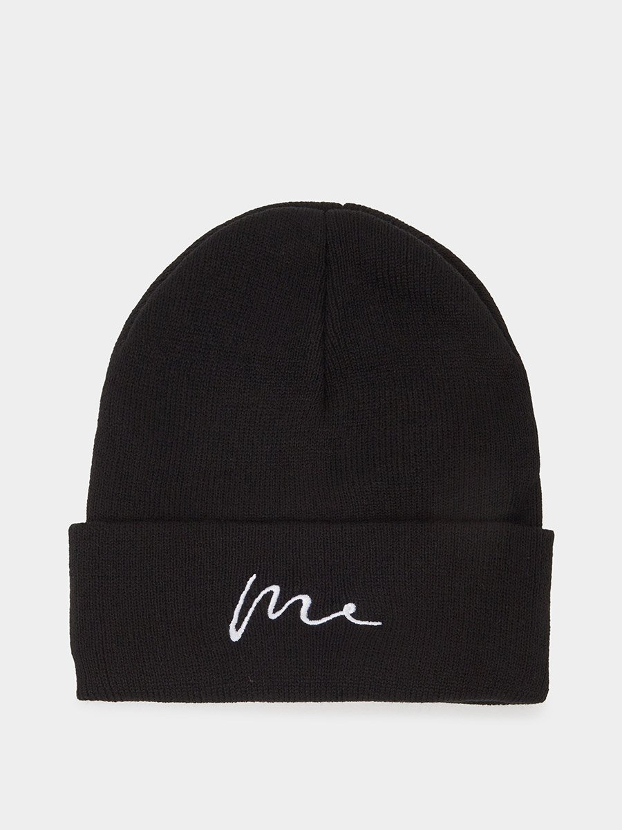 Black Embroidered Cotton Beanie