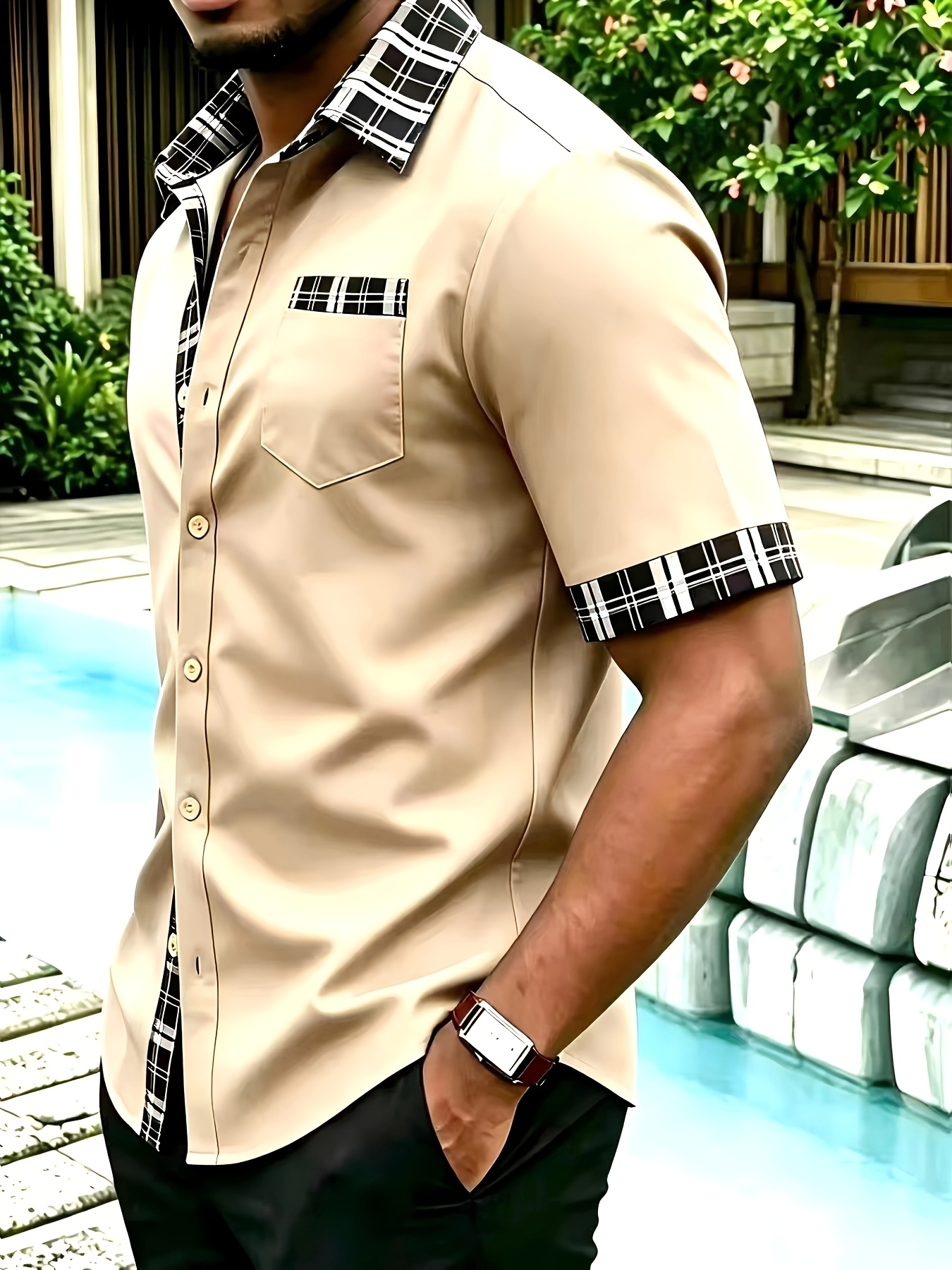 Khaki Plain Spread Collar Short Sleeve Shirt