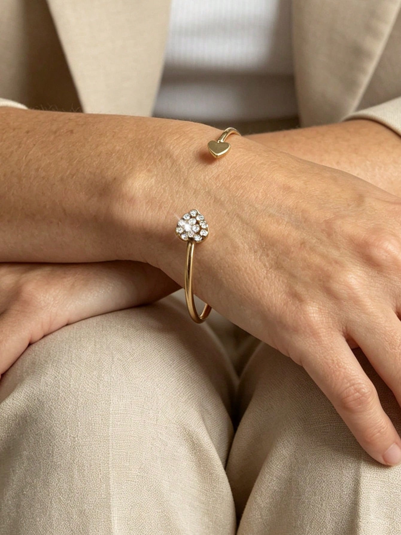 Gold Heart Bangle Bracelet with Rhinestones - Casual Wear.