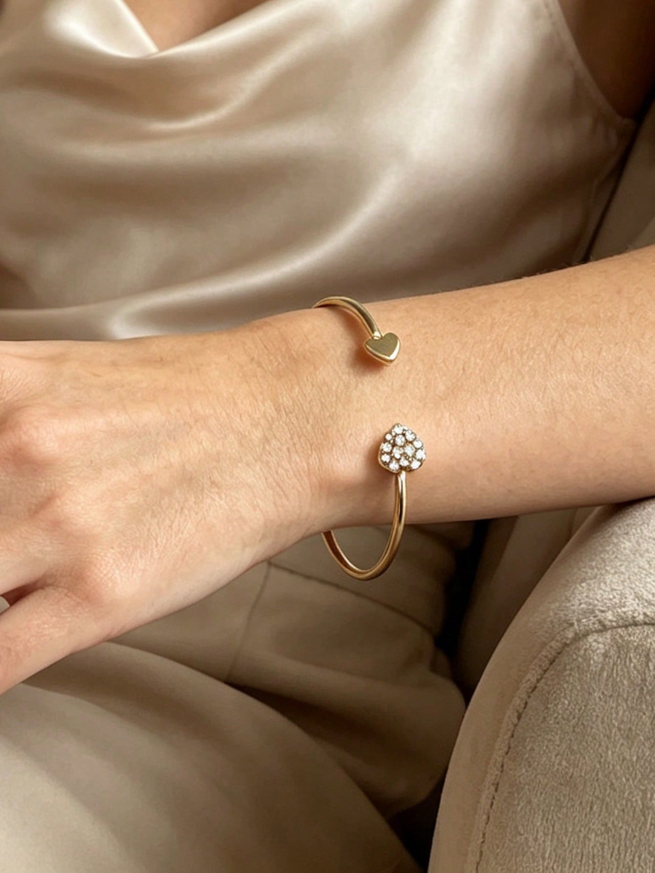 Gold Heart Bangle Bracelet with Rhinestones - Casual Wear.