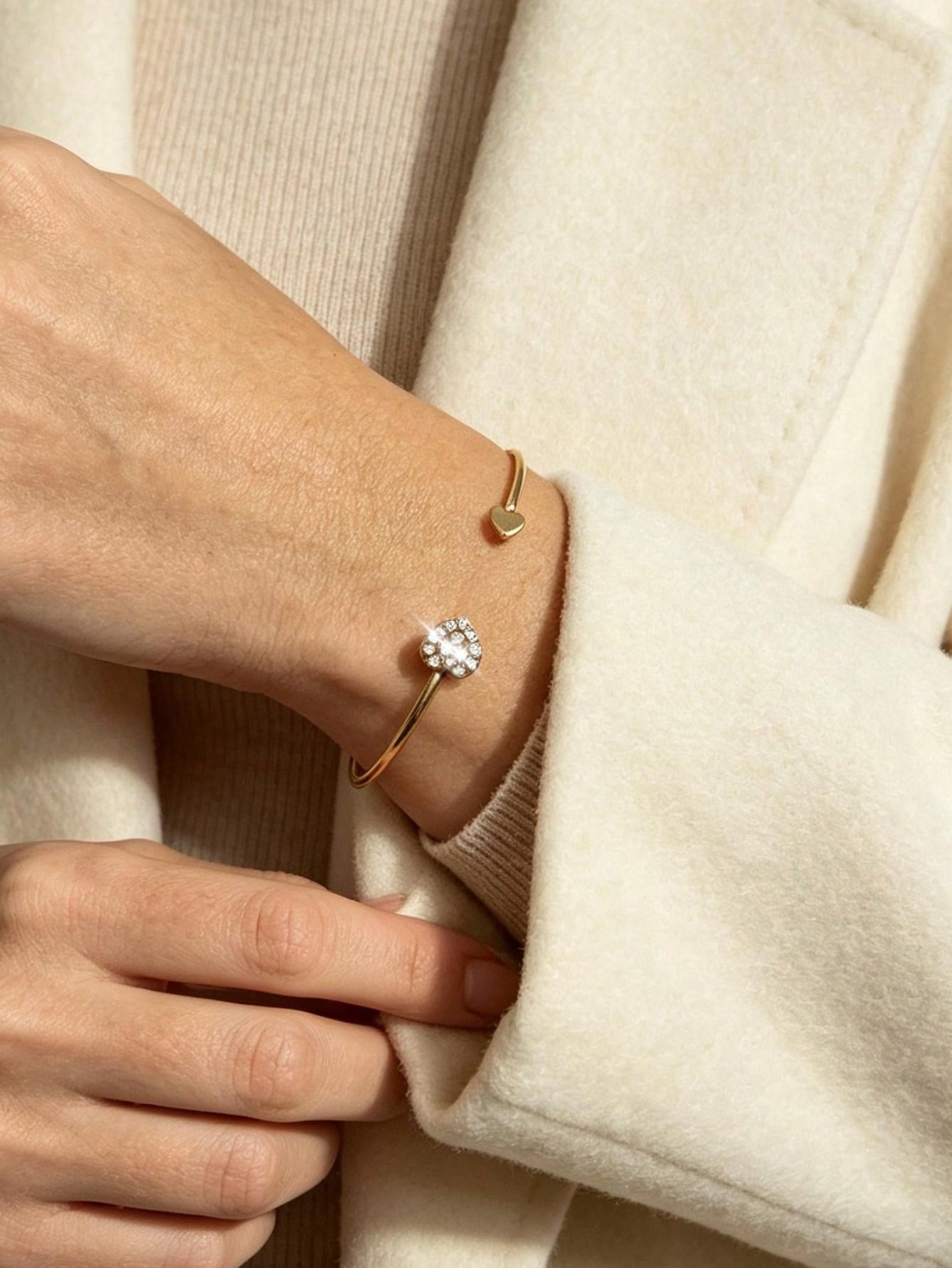 Gold Heart Bangle Bracelet with Rhinestones - Casual Wear.