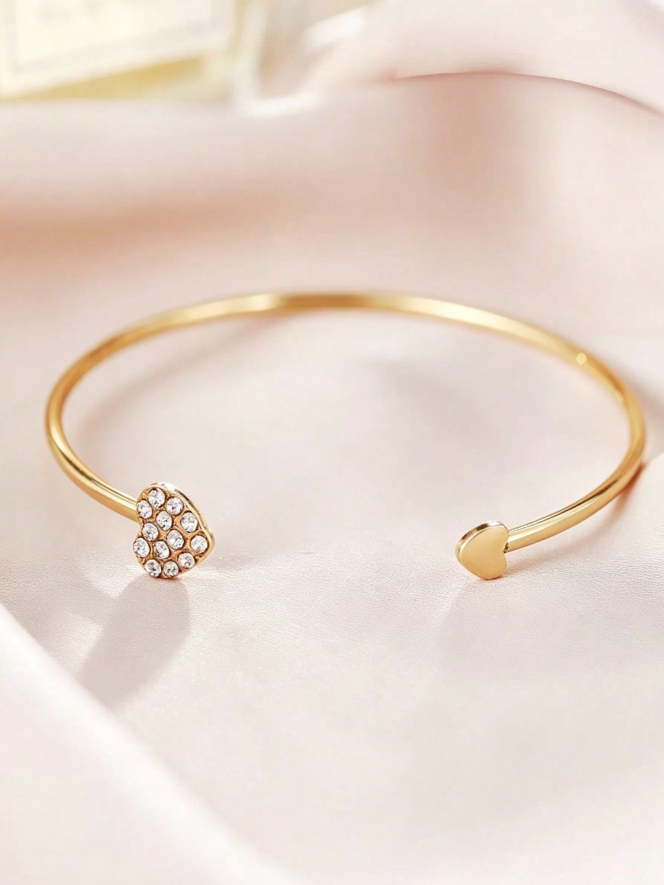 Gold Heart Bangle Bracelet with Rhinestones - Casual Wear.