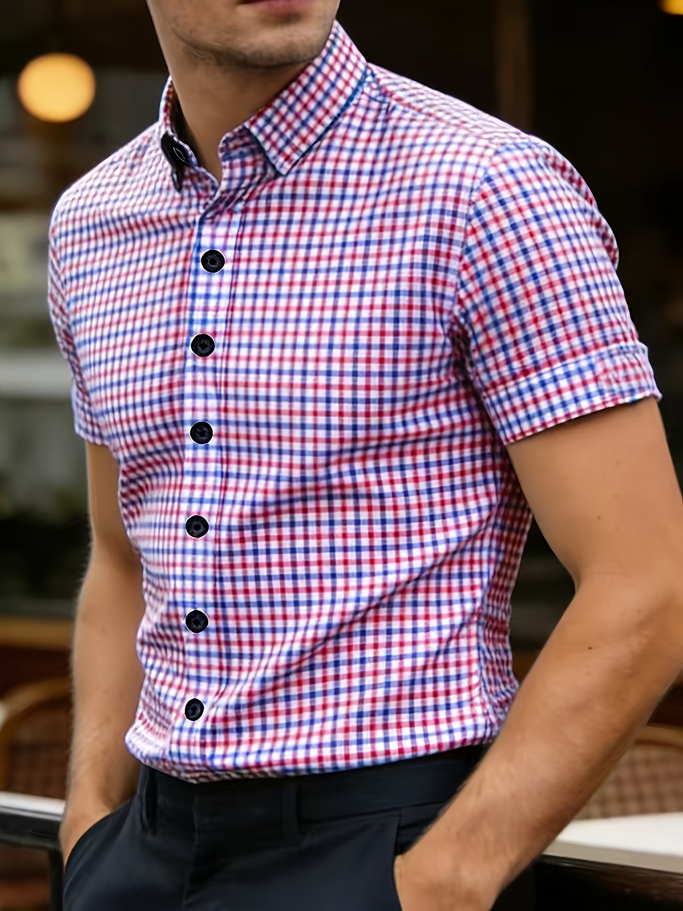 Multi Gingham Check Spread Collar Short Sleeve Shirt