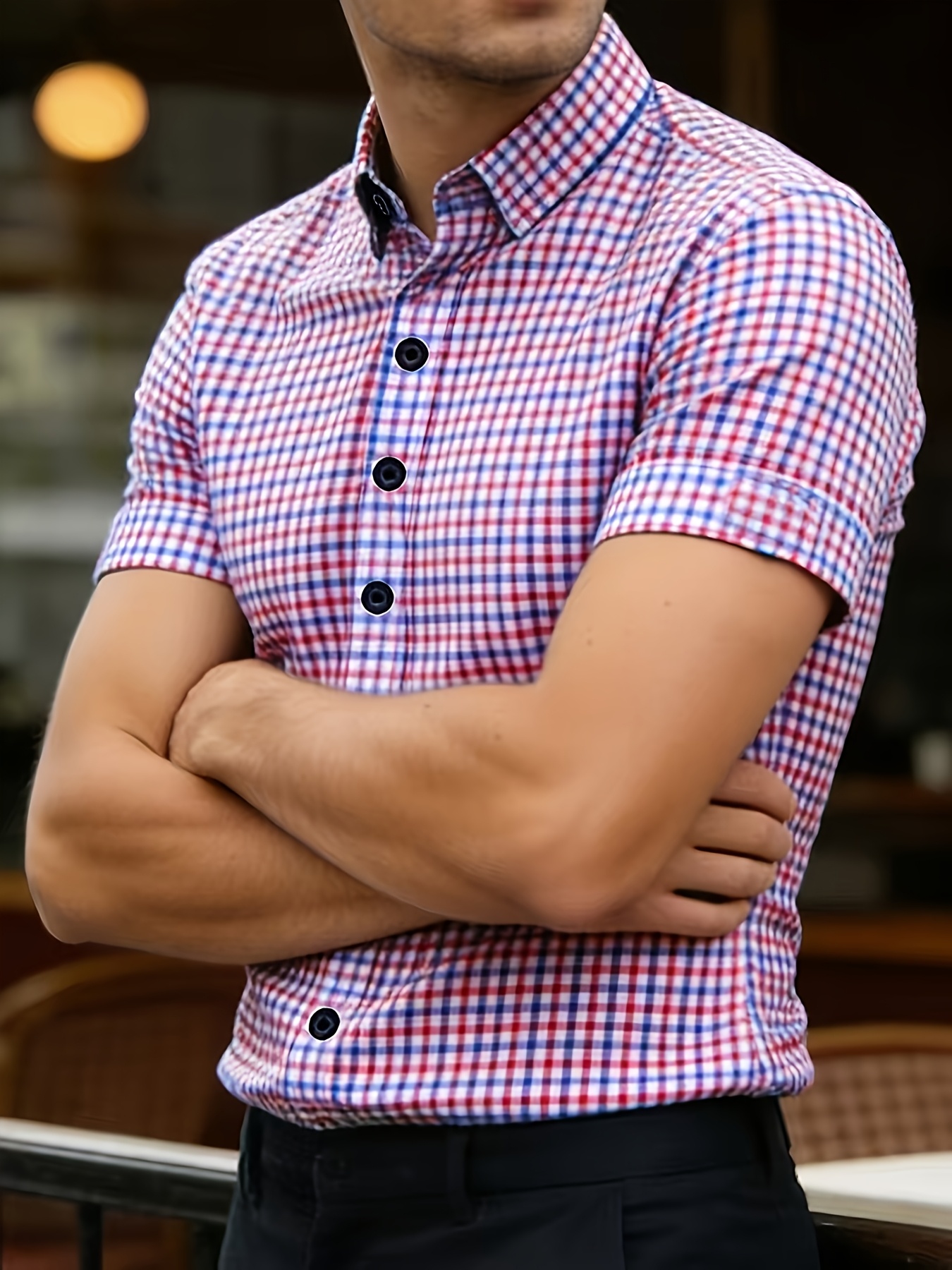 Multi Gingham Check Spread Collar Short Sleeve Shirt