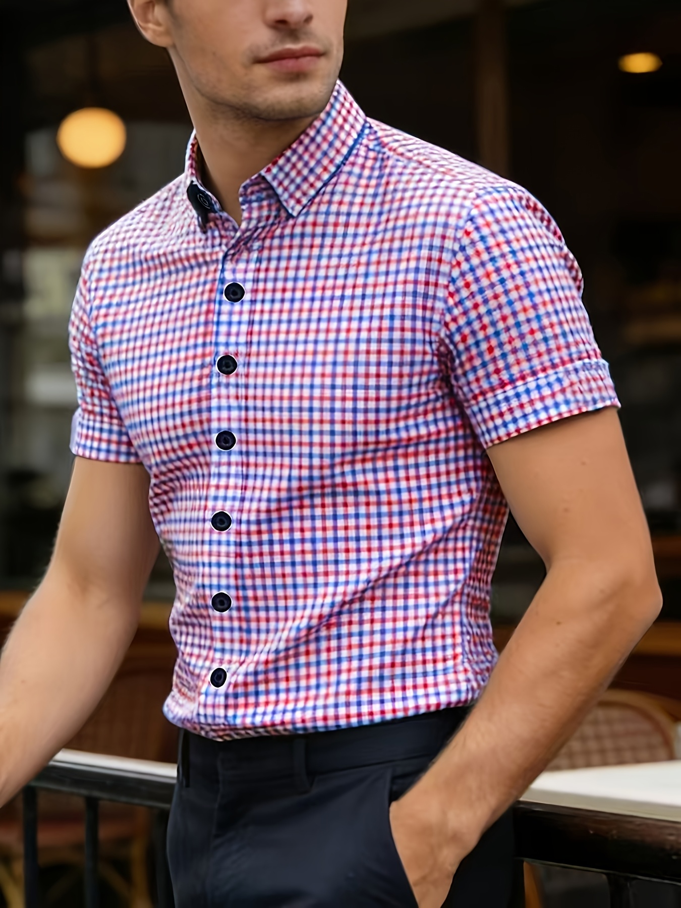 Multi Gingham Check Spread Collar Short Sleeve Shirt