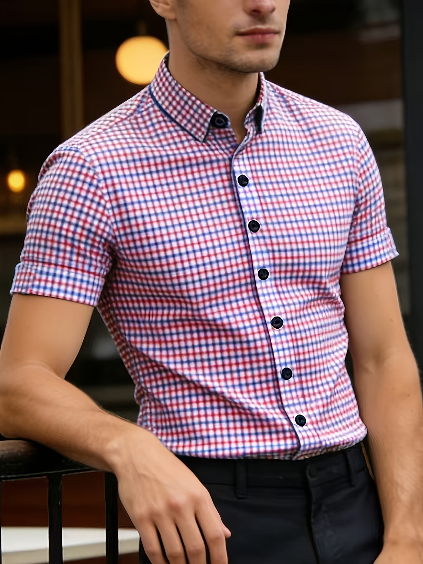 Multi Gingham Check Spread Collar Short Sleeve Shirt