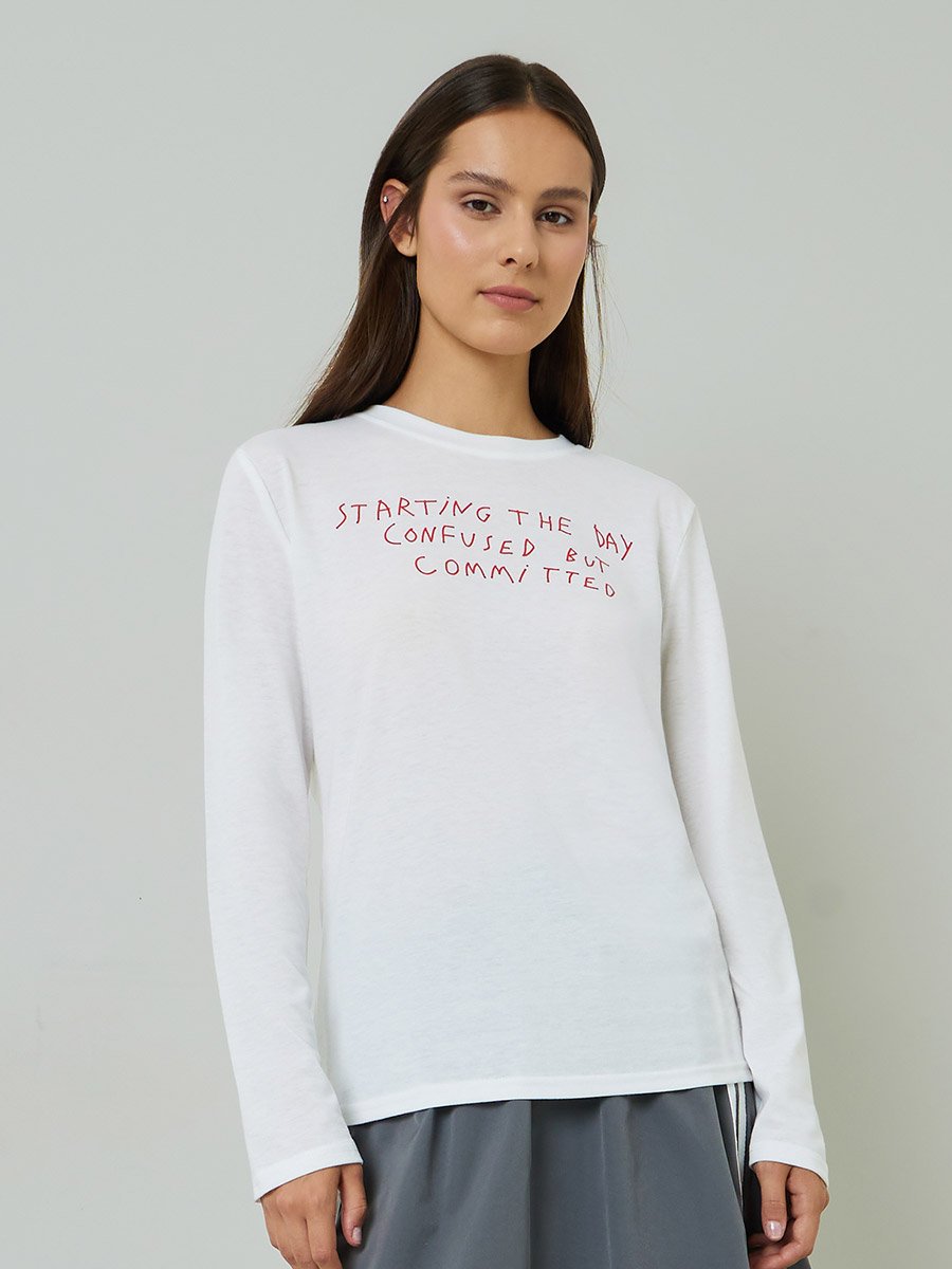White Slogan Print Long Sleeves Regular Fit T-Shirt