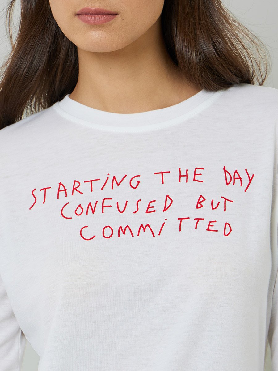 White Slogan Print Long Sleeves Regular Fit T-Shirt