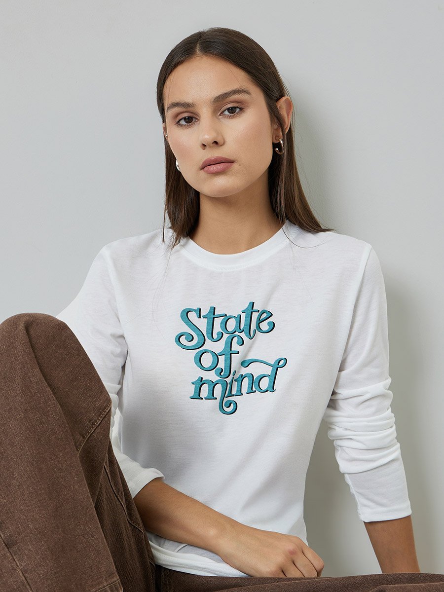 White Slogan Print Long Sleeves Regular Fit T-Shirt