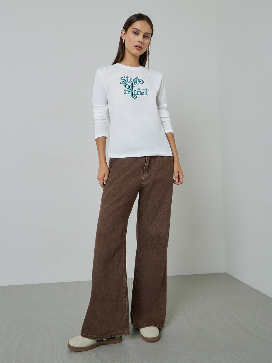 White Slogan Print Long Sleeves Regular Fit T-Shirt