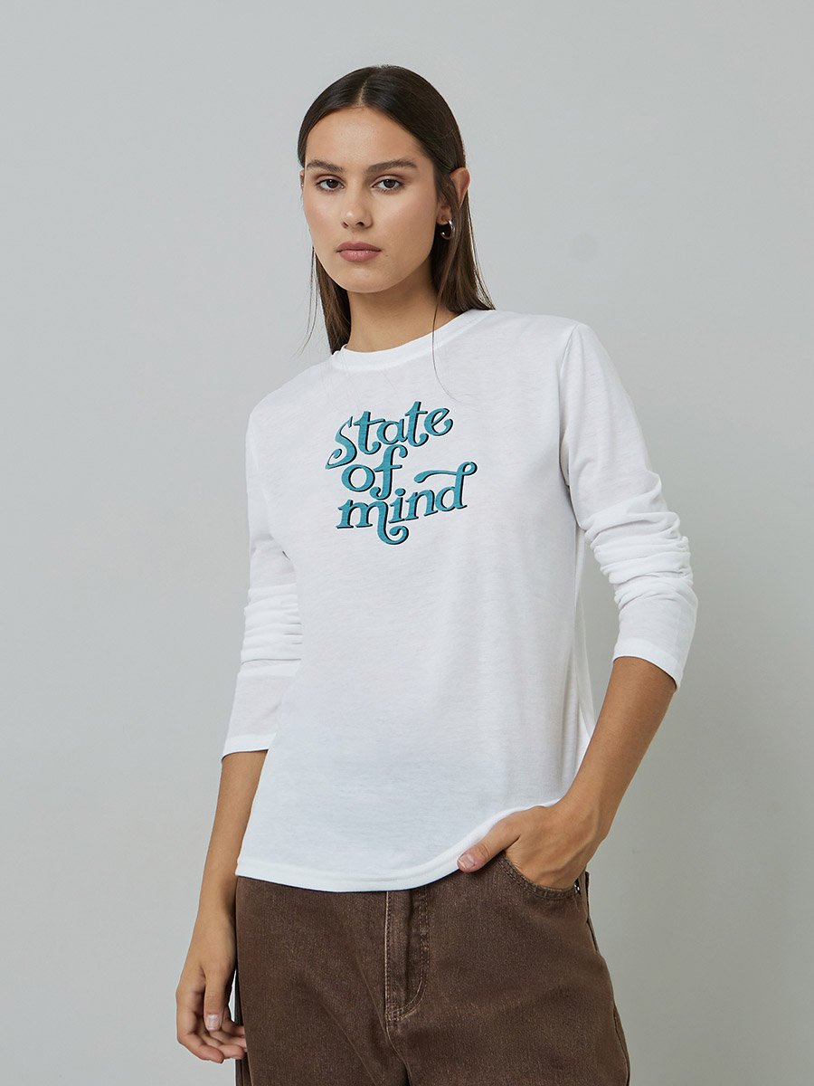 White Slogan Print Long Sleeves Regular Fit T-Shirt