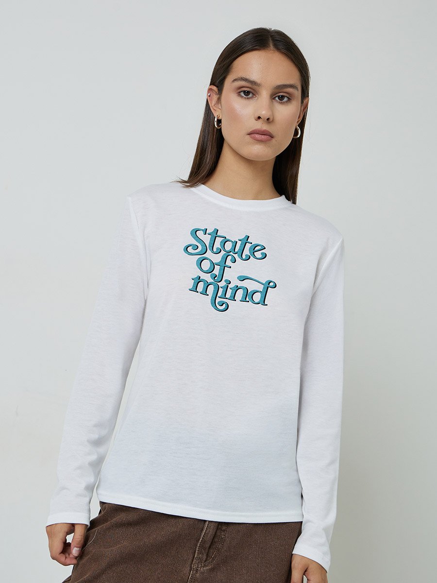 White Slogan Print Long Sleeves Regular Fit T-Shirt
