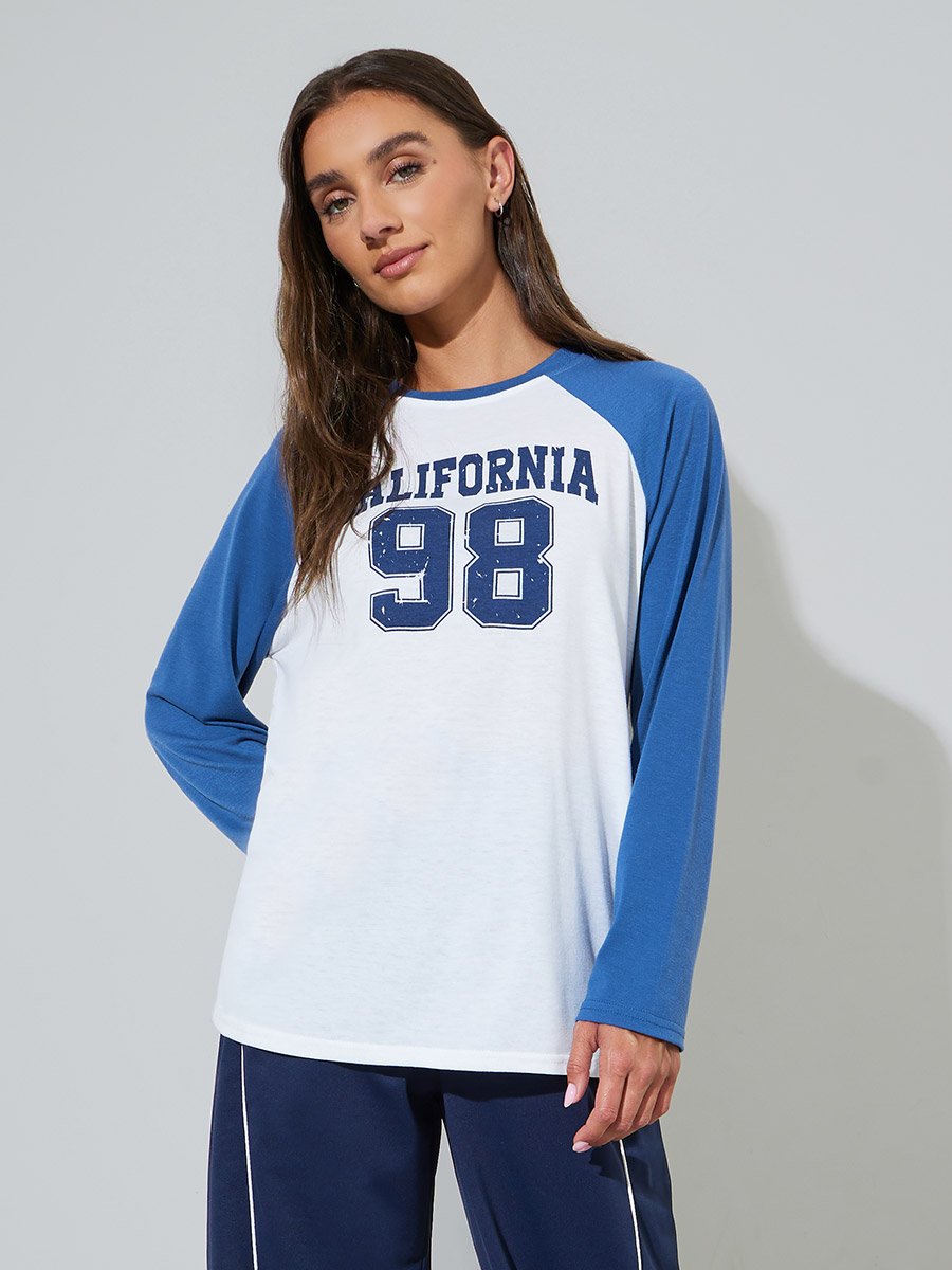 White Graphic Print Raglan Contrast Sleeves T-Shirt