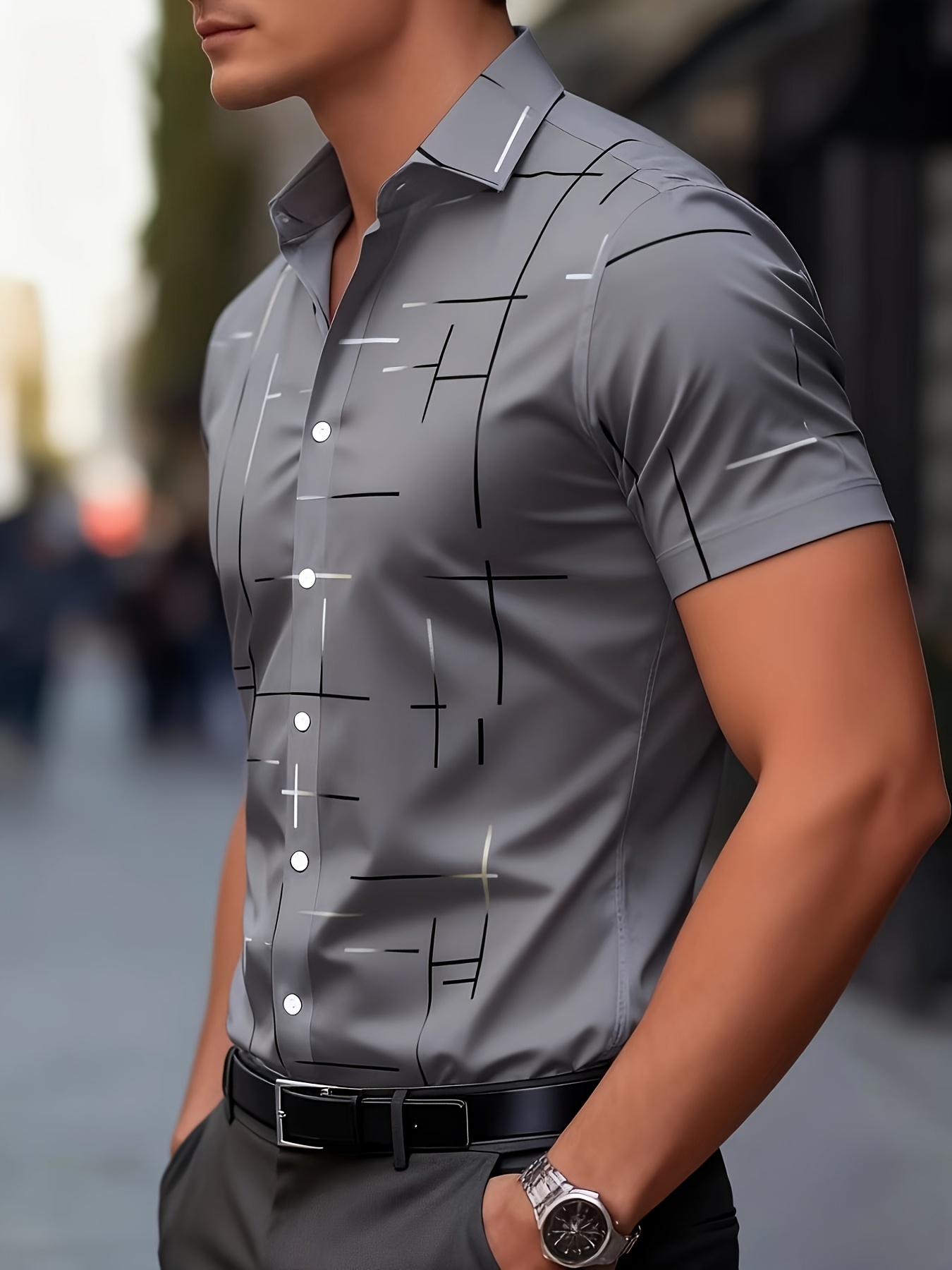 Grey Abstract Print Spread Collar Short-Sleeve Shirt