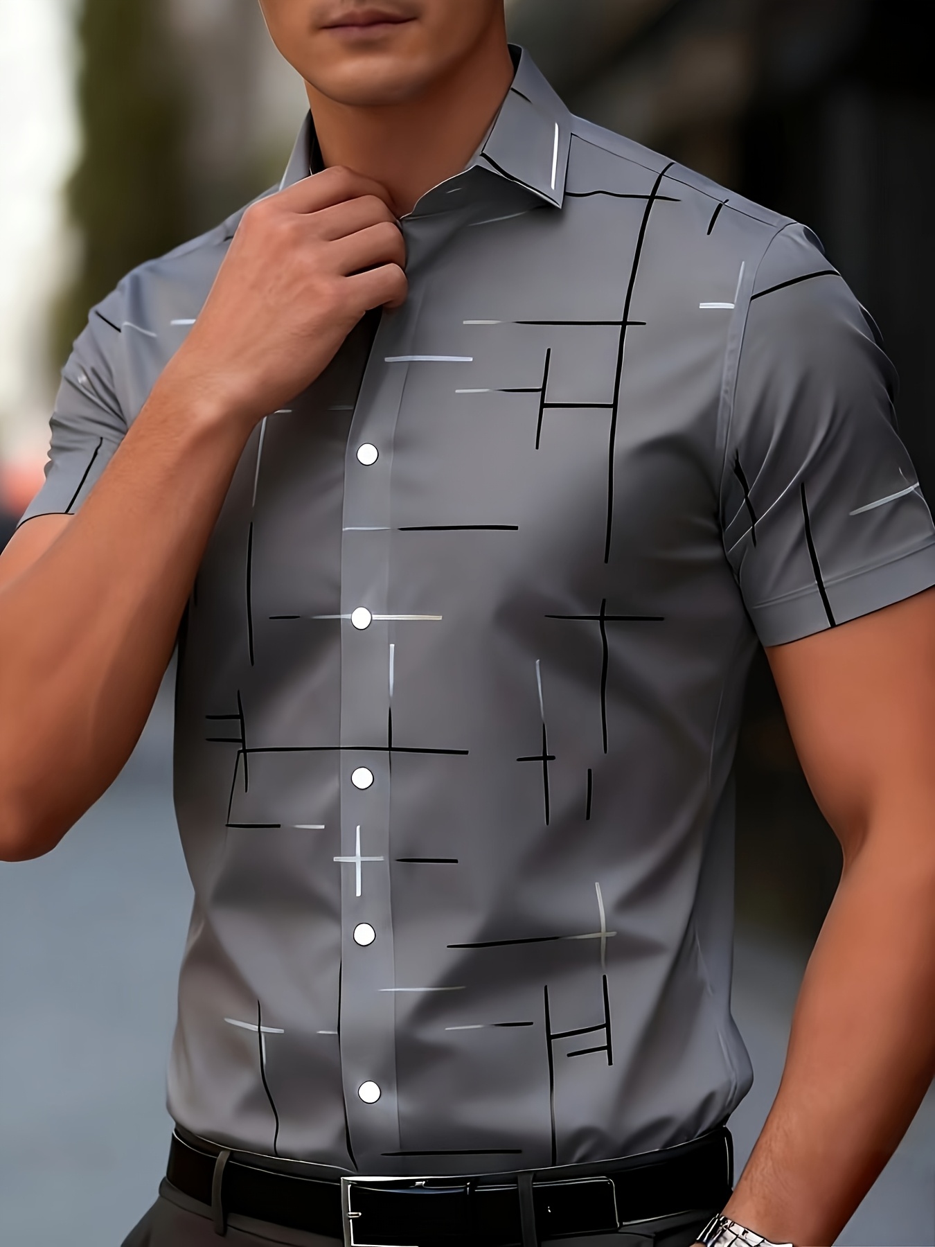 Grey Abstract Print Spread Collar Short-Sleeve Shirt
