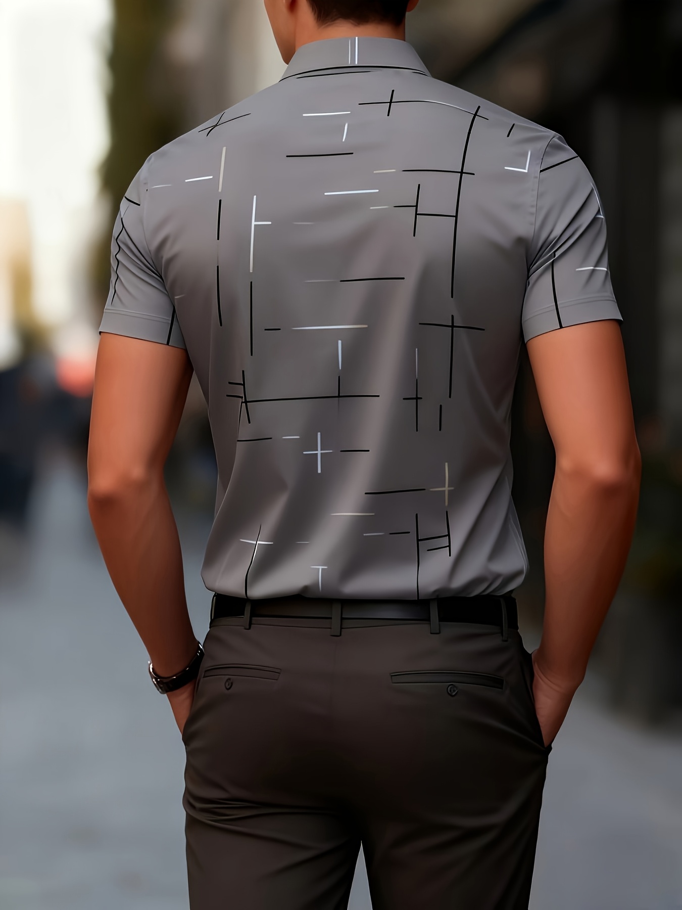 Grey Abstract Print Spread Collar Short-Sleeve Shirt
